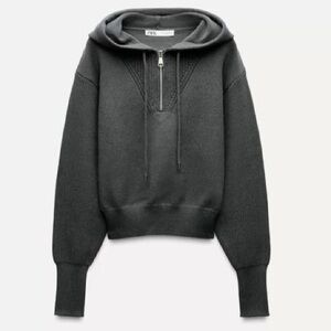 NWT! Zara Dark Grey Knit Long Sleeve Cropped Length Hooded Sweater Top Pullover